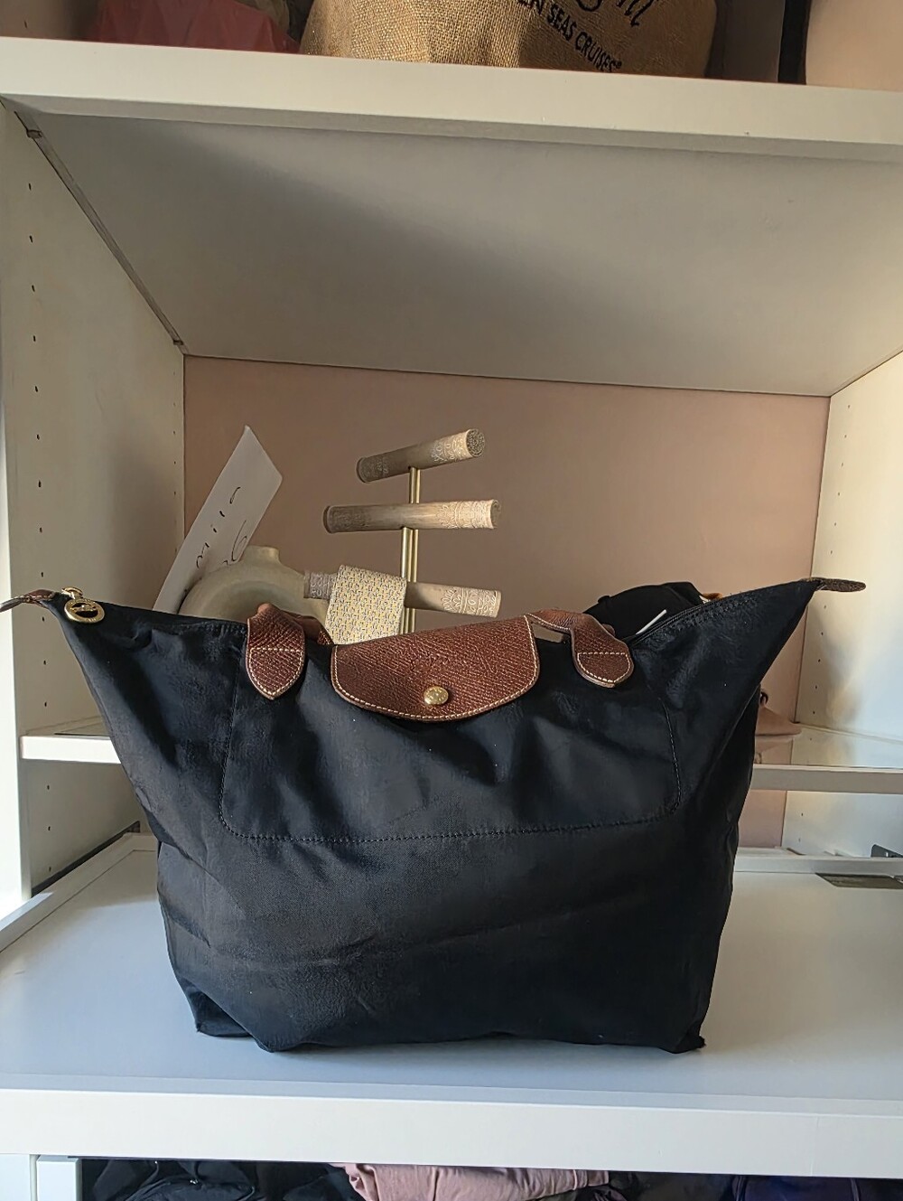 Longchamp Le Pliage Large Black Nylon Tote with Brown Trims
